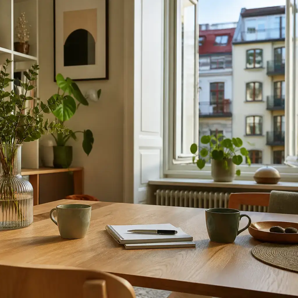 Danish lesson set in a contemporary Copenhagen everyday setting: At home, two adults plan how to speak calmly with a neighbor about loud music and quiet hours..