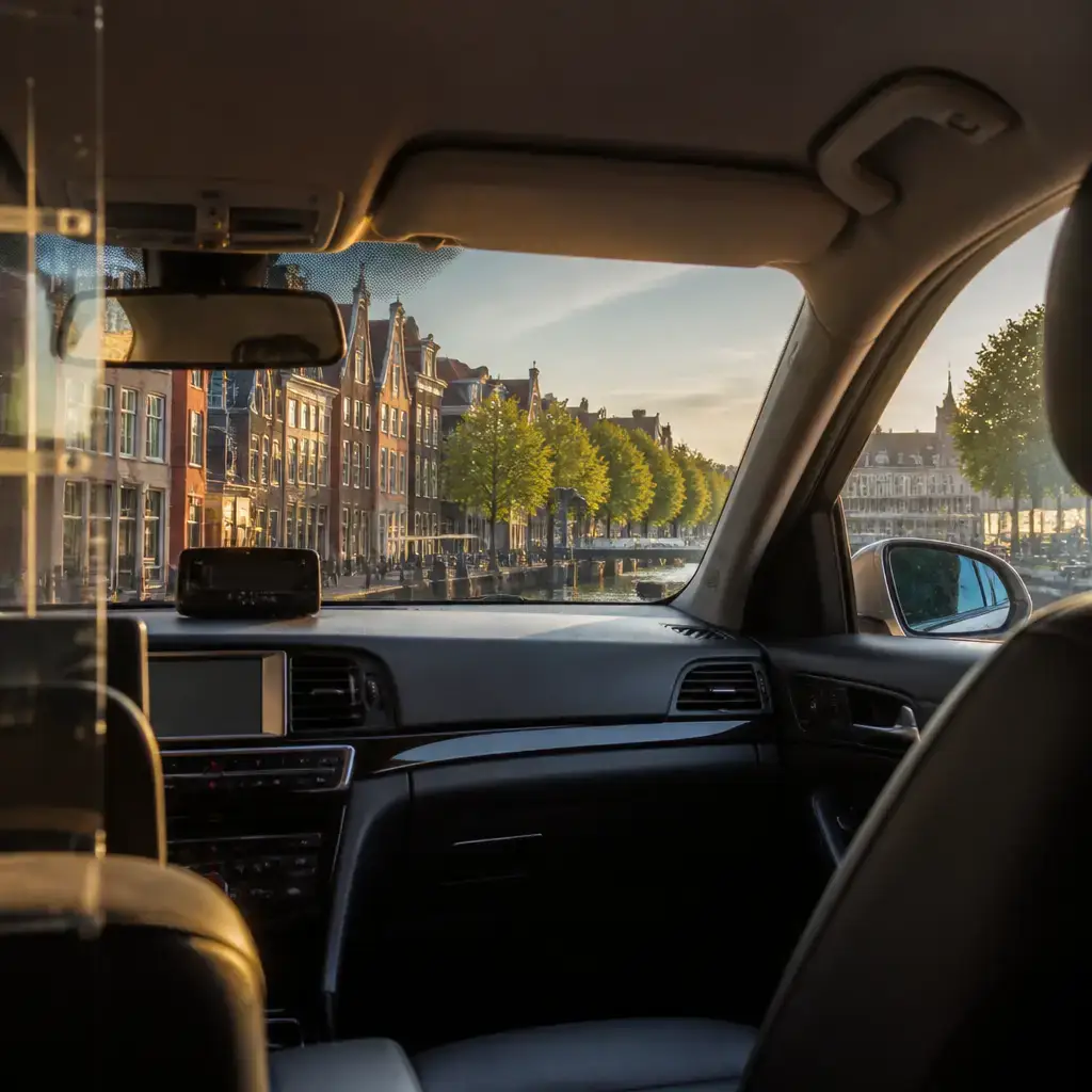 Danish lesson set in a contemporary Copenhagen everyday setting: In a taxi, a passenger asks the driver why the route has changed and requests larger roads when possible..