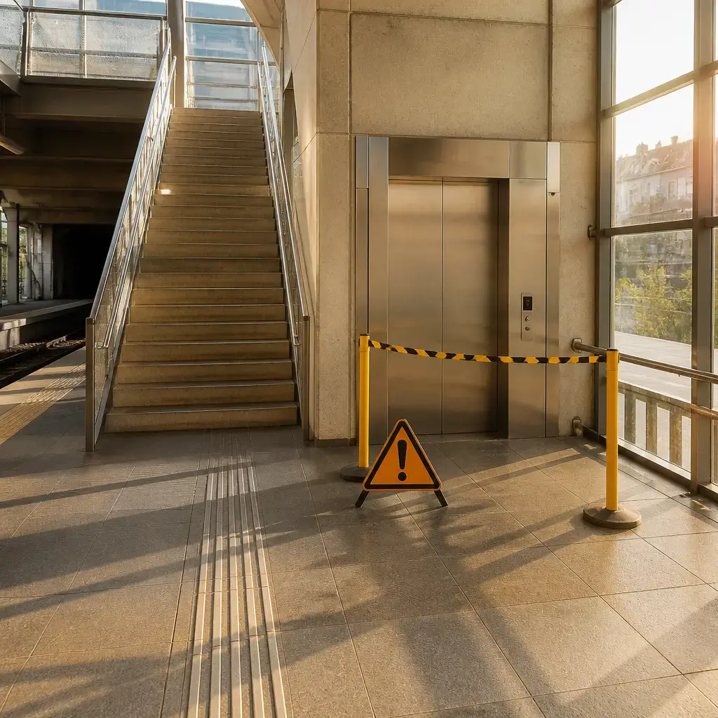 Danish lesson set in a contemporary Copenhagen everyday setting: At a station, a traveler asks staff for an accessible route to the platform because the closest elevator is closed..