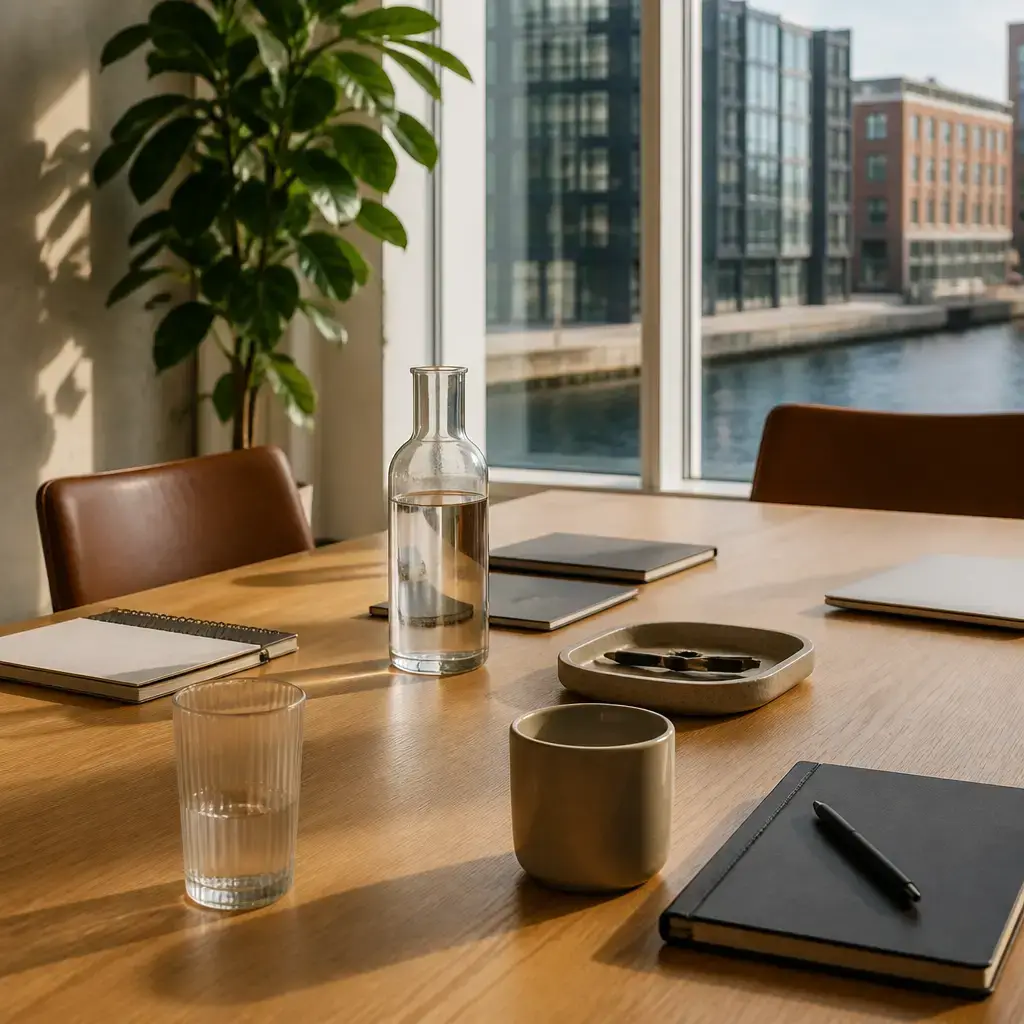 Danish lesson set in a contemporary Copenhagen everyday setting: During a short team update meeting, colleagues review progress, identify an approval blocker, and assign follow-up steps..