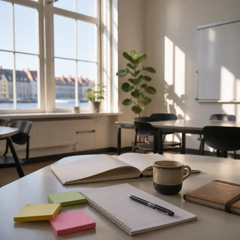 Danish lesson set in a contemporary Copenhagen everyday setting: After class, two classmates compare review methods and agree on a simple routine that balances notes, examples, and speaking practice..