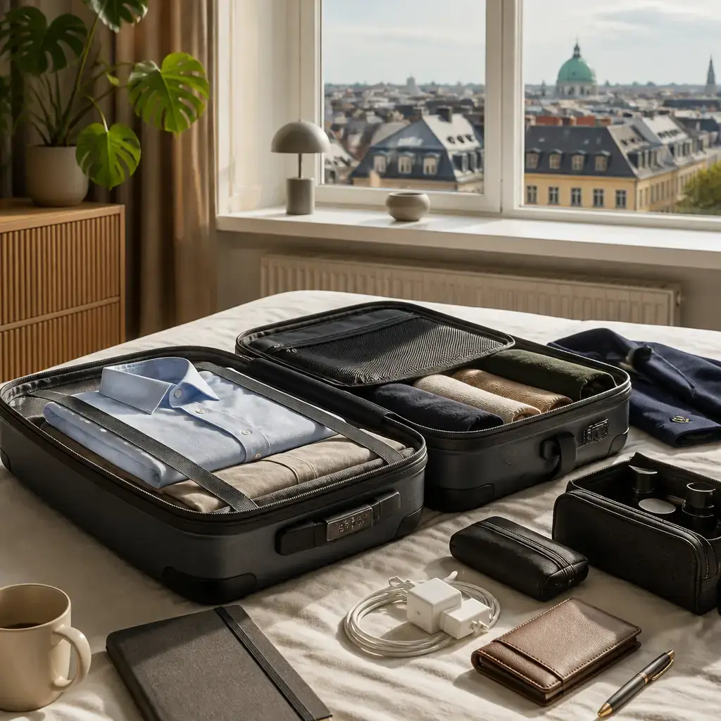 Danish lesson set in a contemporary Copenhagen everyday setting: Before a business trip, two adults decide how to pack a carry-on with meeting clothes, documents, chargers, and quick-access items..