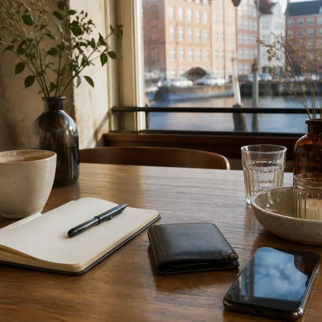 Danish lesson set in a contemporary Copenhagen everyday setting: After losing a wallet, one adult gets help preparing safe identifying details before calling the cafe..
