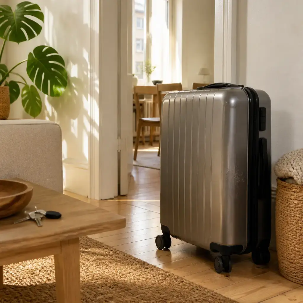 Danish lesson set in a contemporary Copenhagen everyday setting: Before a trip, one adult borrows a suitcase and agrees how to protect it, document its condition, and return it clean..
