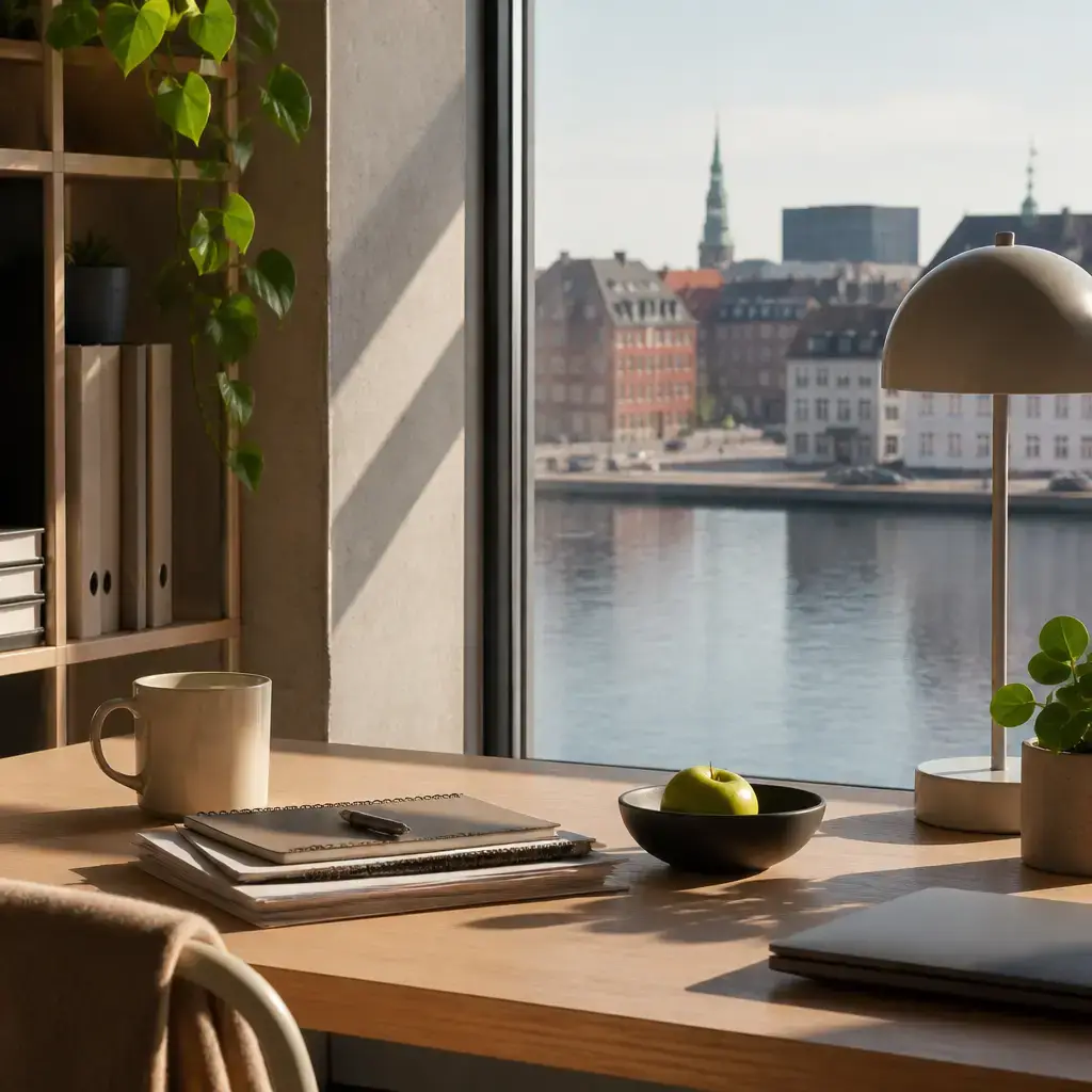 Danish lesson set in a contemporary Copenhagen everyday setting: At work, one adult talks about burnout and considers clearer workload boundaries and a real break away from the desk..