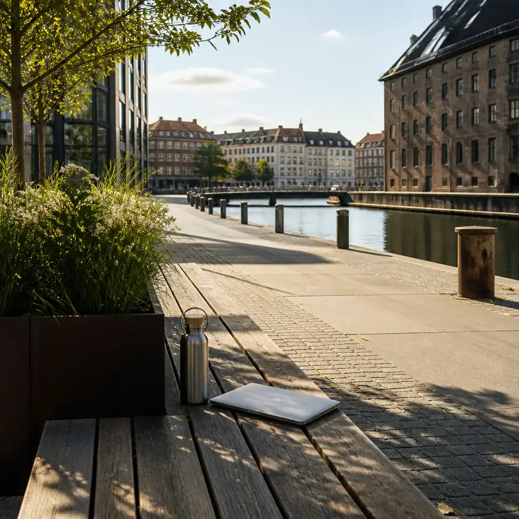 Danish lesson set in a contemporary Copenhagen everyday setting: During a work design decision, two adults use a short walk to reset their thinking and choose a direction afterward..