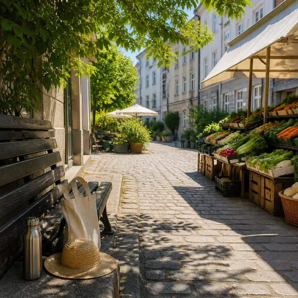 Danish lesson set in a contemporary Copenhagen everyday setting: During a heatwave, two adults plan a market visit for a cooler, quieter time with shade, water, and flexibility..