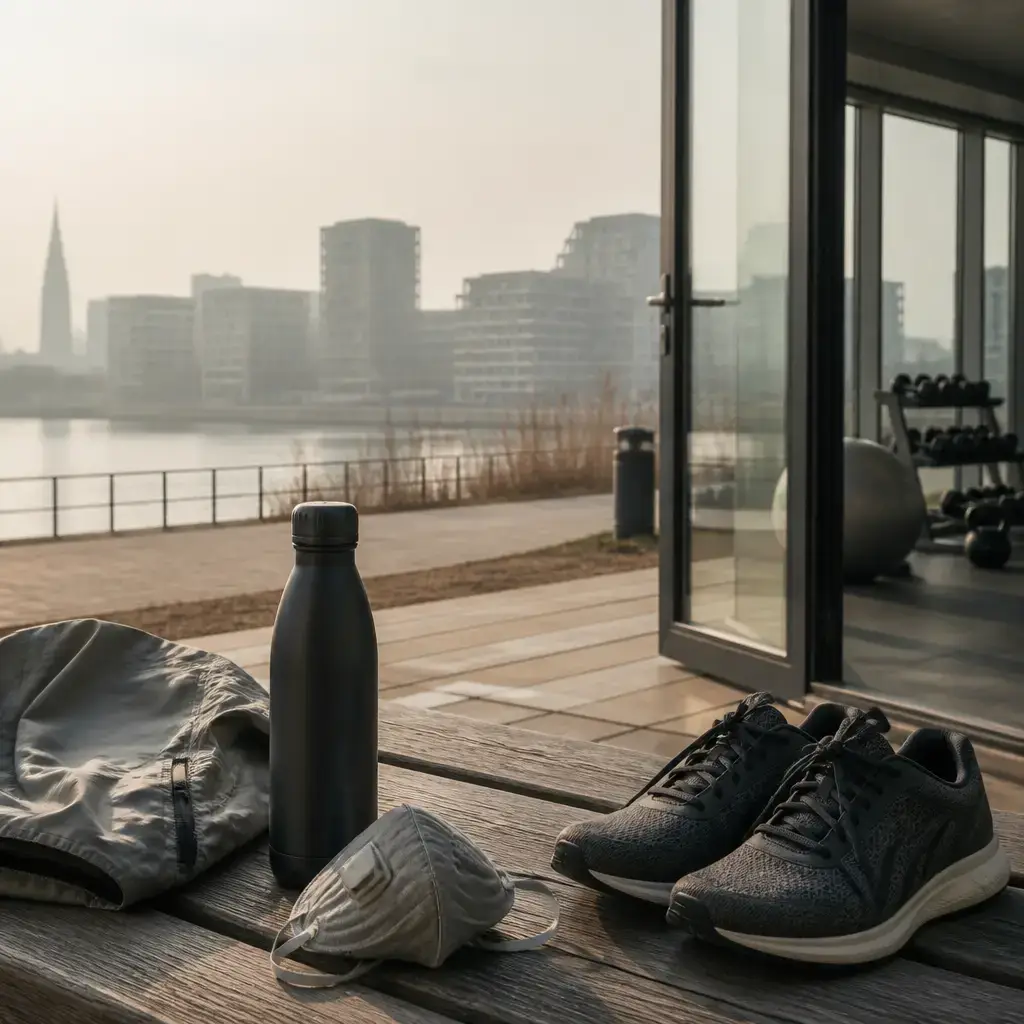 Danish lesson set in a contemporary Copenhagen everyday setting: On a day with poor air quality, two adults discuss replacing an outdoor run with indoor exercise and taking precautions outside..