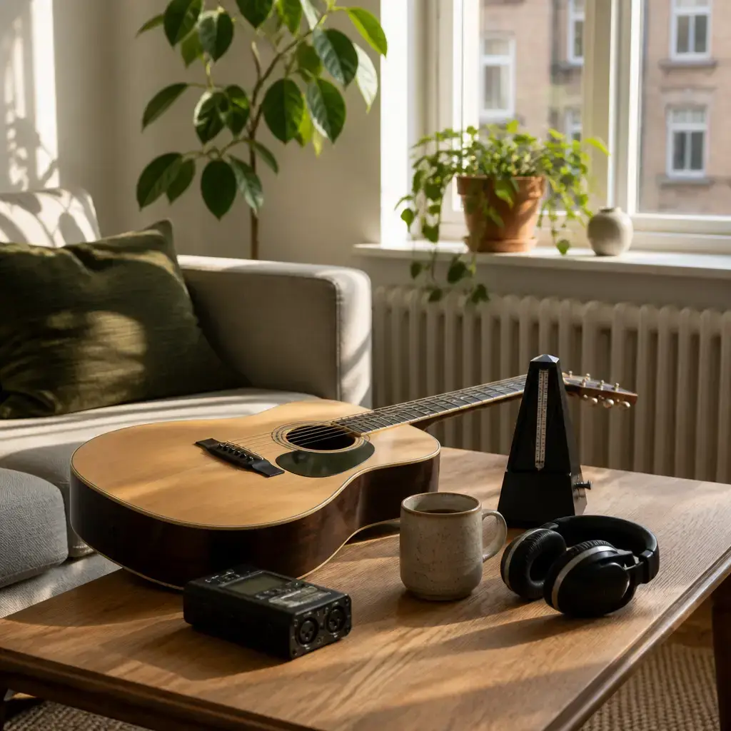 Danish lesson set in a contemporary Copenhagen everyday setting: At home during guitar practice, two adults discuss rhythm exercises, patience, recording progress, and keeping motivation steady..
