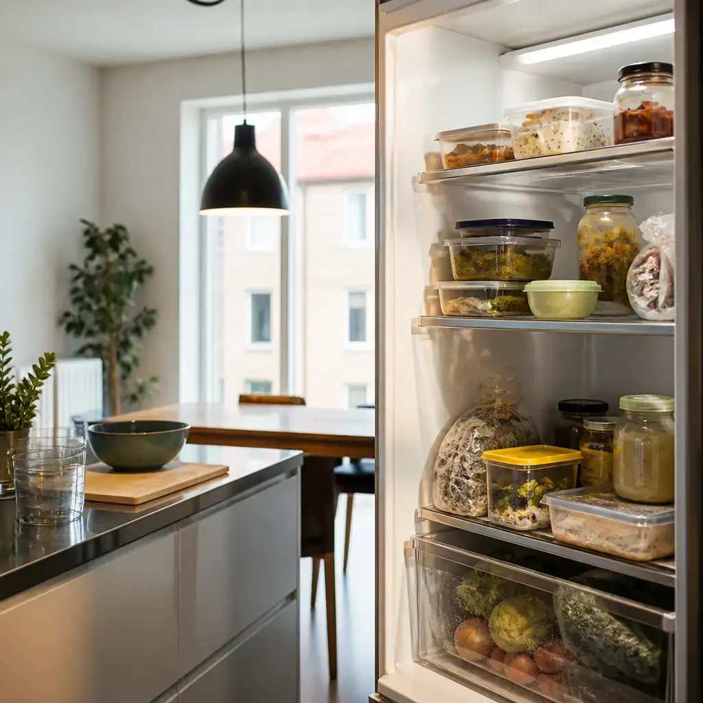 Danish lesson set in a contemporary Copenhagen everyday setting: In a shared kitchen, two adults discuss expired food in a fridge and plan labels, a deadline, and a weekly cleanout..