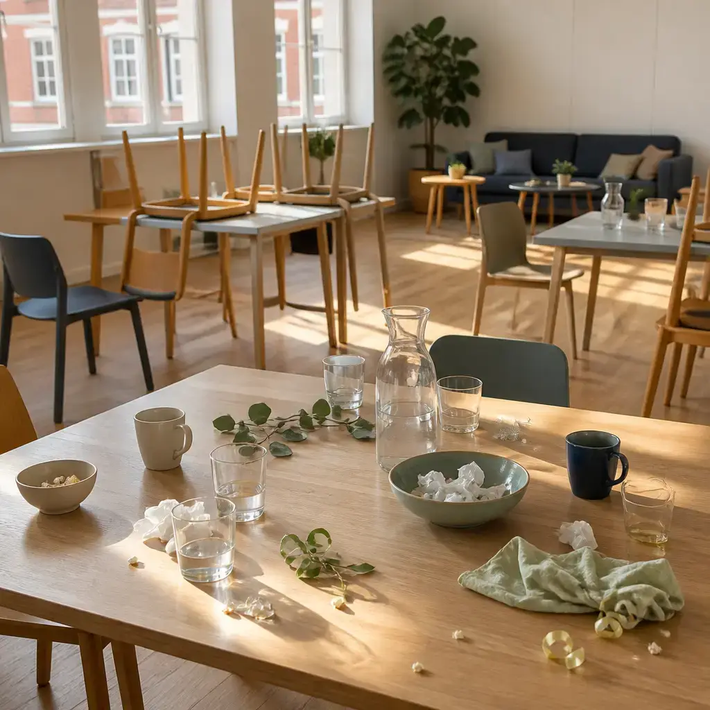 Danish lesson set in a contemporary Copenhagen everyday setting: After an event in a common room, two adults use a checklist to clean up, reset furniture, and look for forgotten items..