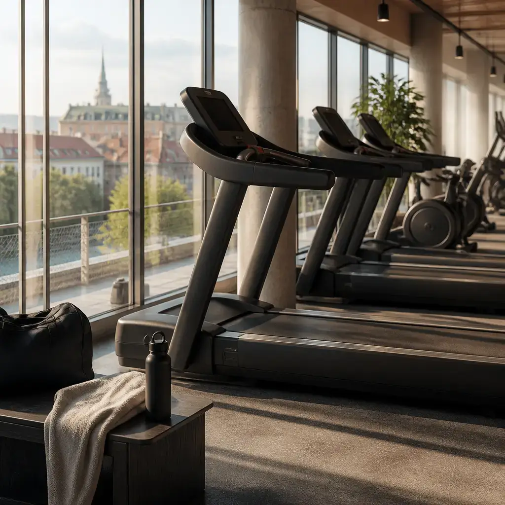 Danish lesson set in a contemporary Copenhagen everyday setting: In a shared gym, two adults discuss how to politely ask for a turn on a treadmill while keeping other options open..