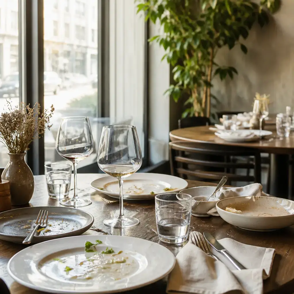 Danish lesson set in a contemporary Copenhagen everyday setting: At a restaurant, a guest gives specific feedback about uneven course timing while a staff member notes it as a service issue..