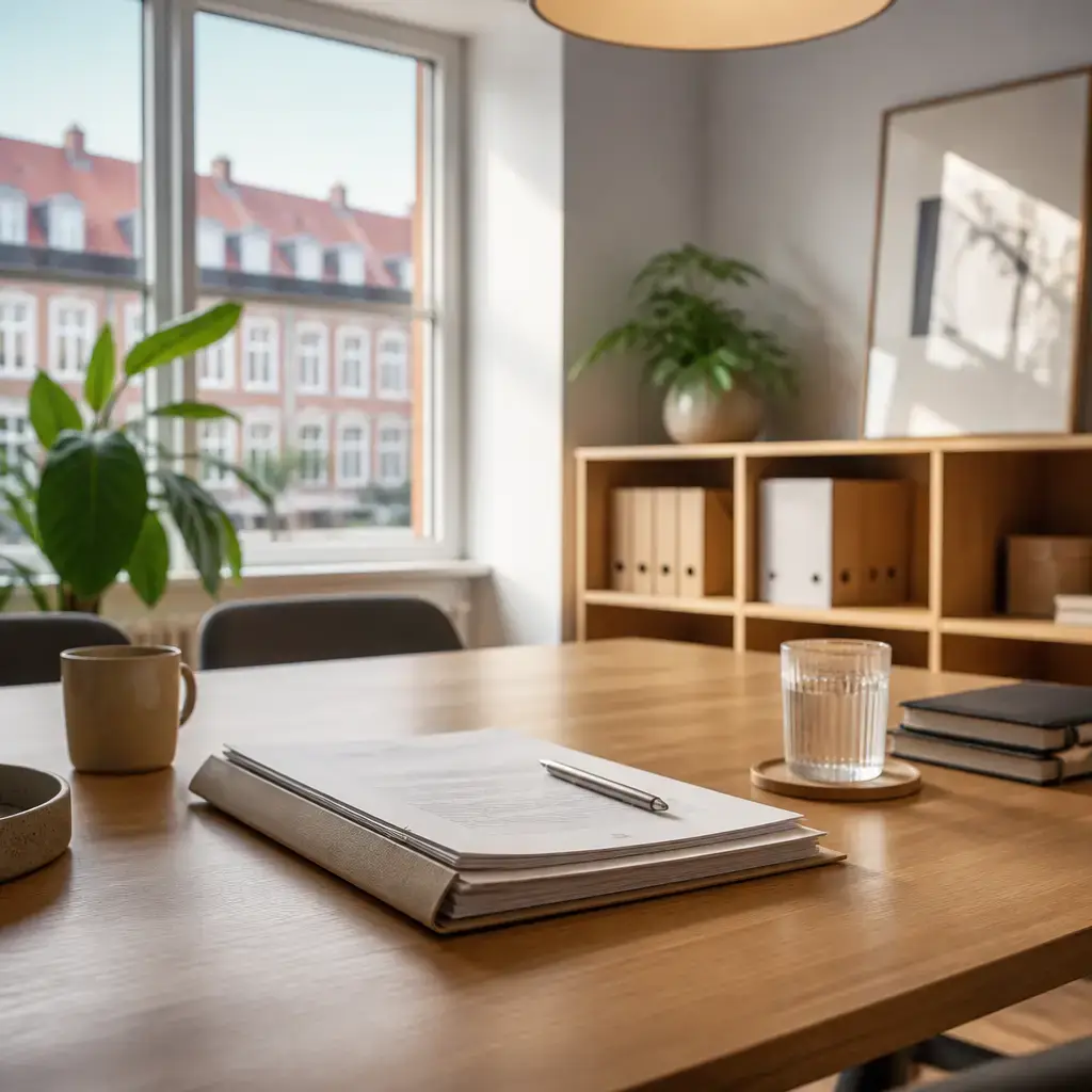Danish lesson set in a contemporary Copenhagen everyday setting: In a housing office discussion, a tenant asks which lease renewal terms may be negotiable for a longer and more stable commitment..