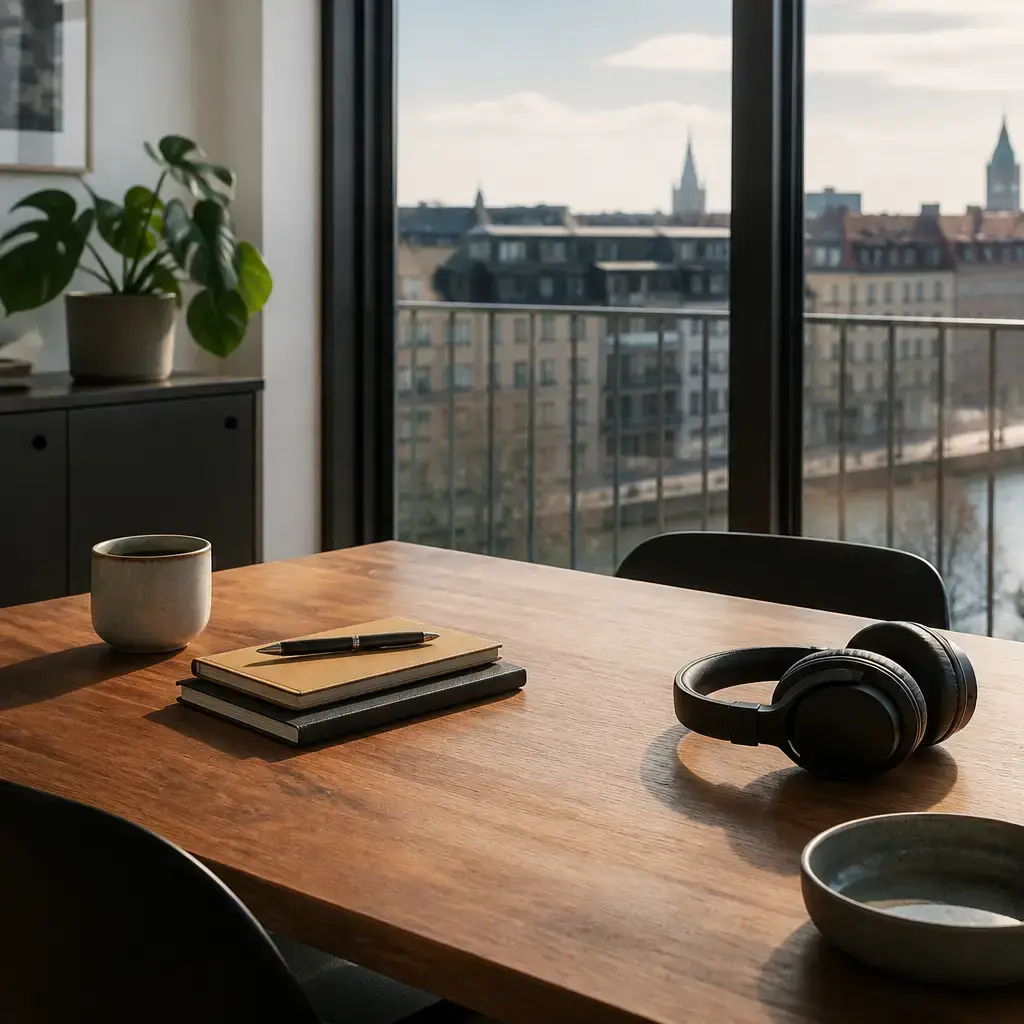 Danish lesson set in a contemporary Copenhagen everyday setting: In a remote work discussion, two adults decide when video meetings are needed and when written updates can replace them..
