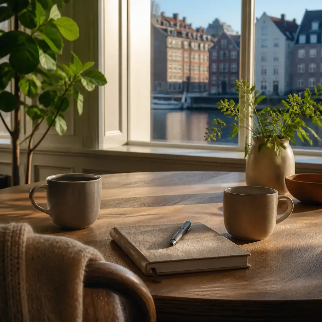 Danish lesson set in a contemporary Copenhagen everyday setting: In daily life, two adults set a boundary around immediate advice and agree to use questions before suggestions unless advice is requested..