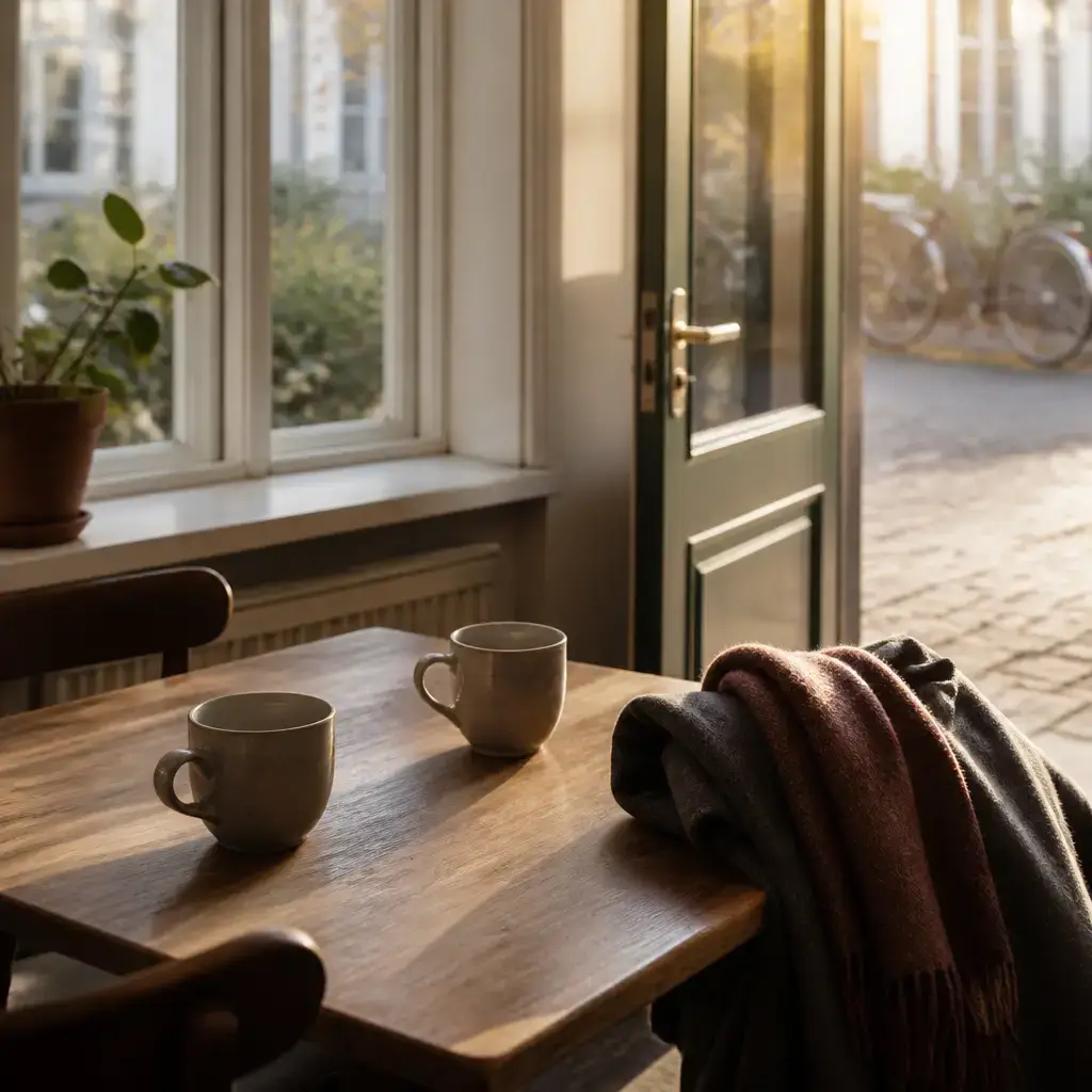 German lesson set in a contemporary Berlin everyday setting: A beginner practices six useful English phrases about basic thanks and farewells..