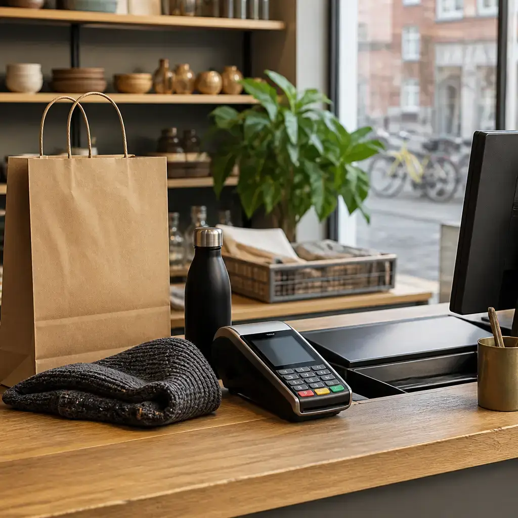 German lesson set in a contemporary Berlin everyday setting: At a shop checkout, a customer asks for a shopping bag, pays by card, and asks for the receipt in the bag..