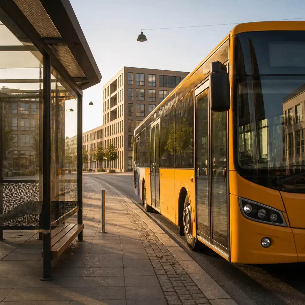German lesson set in a contemporary Berlin everyday setting: At a bus stop, two passengers ask the driver whether the bus goes to the station before boarding..