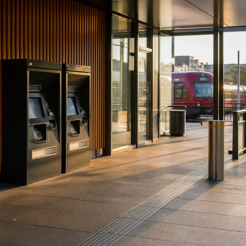 German lesson set in a contemporary Berlin everyday setting: At a station entrance, two adults coordinate buying a train ticket and meeting again near the ticket machines..