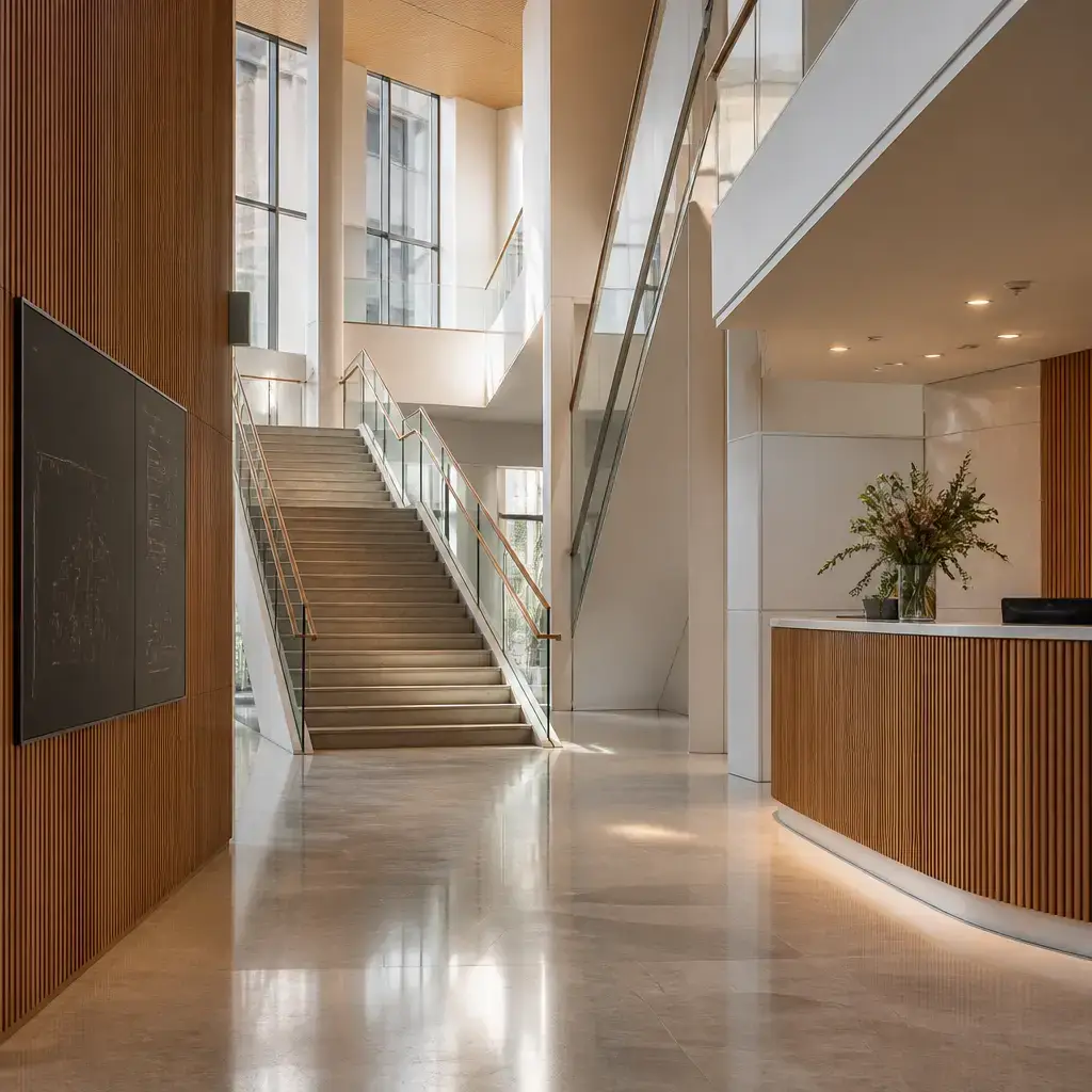 German lesson set in a contemporary Berlin everyday setting: In a city hall lobby, two adults use the floor guide and stairs to find the event registration desk..