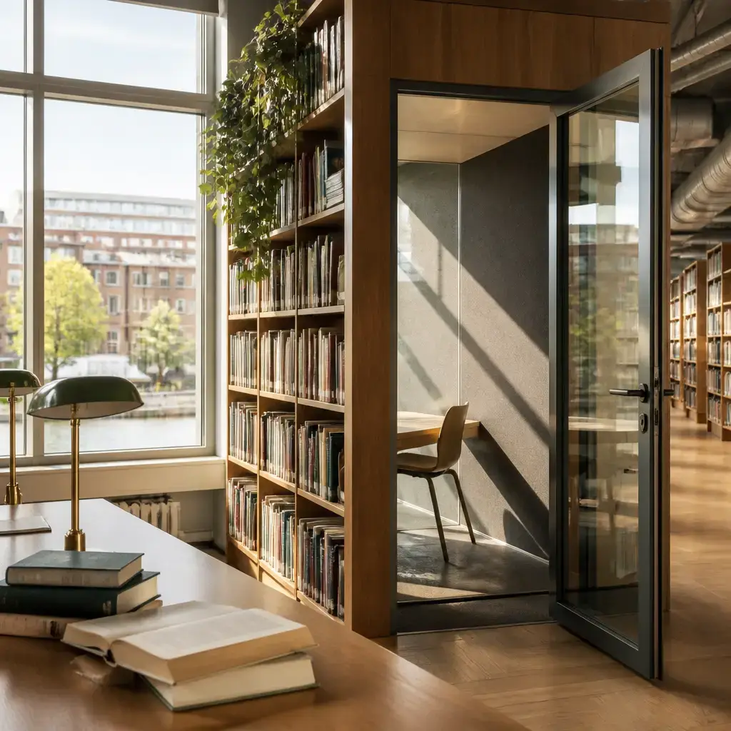 German lesson set in a contemporary Berlin everyday setting: In a library, one person asks whether a study room is available for quiet reading..