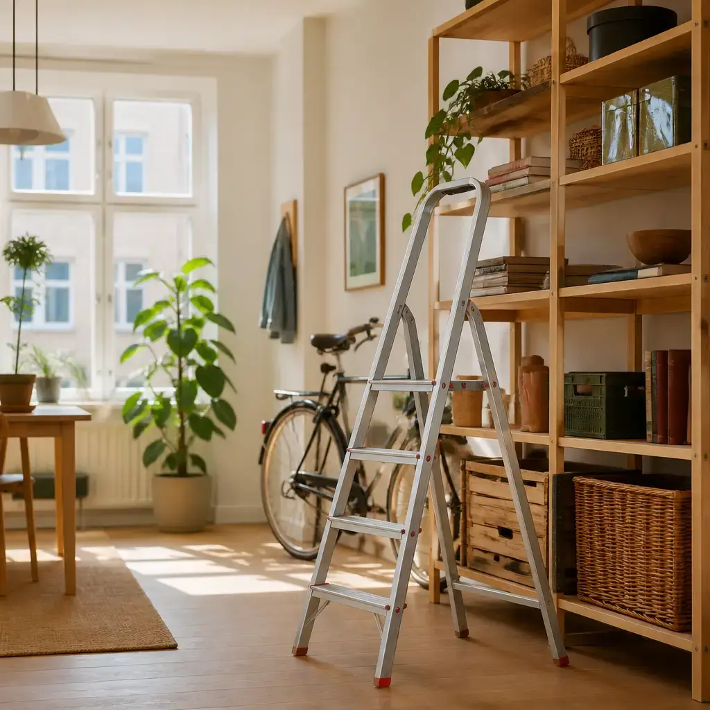 German lesson set in a contemporary Berlin everyday setting: In a shared space, two adults borrow a ladder to reach a high shelf and talk about using it safely..