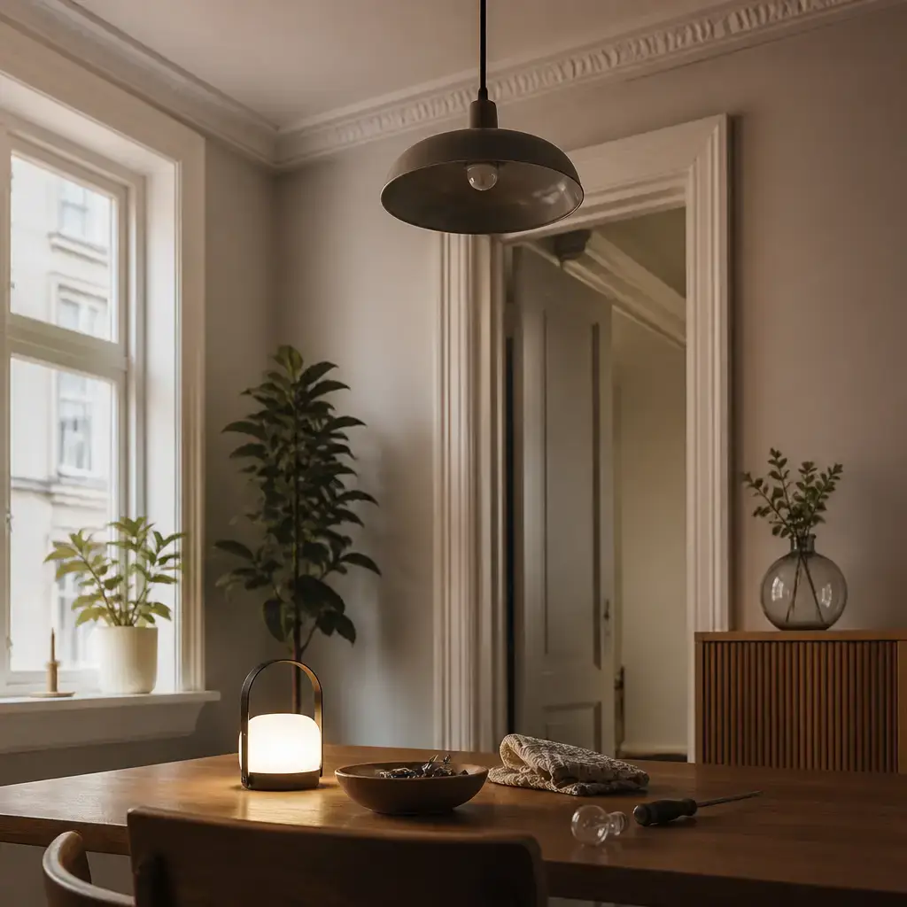 German lesson set in a contemporary Berlin everyday setting: In a room, two adults check a light that does not work and use a small lamp until the bulb can be replaced..