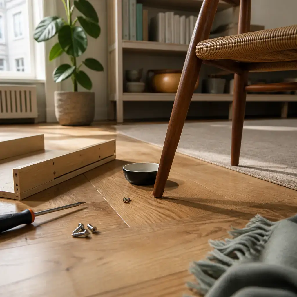German lesson set in a contemporary Berlin everyday setting: In a room, two adults find a small screw near a chair and keep it safe so they can finish fixing a shelf..