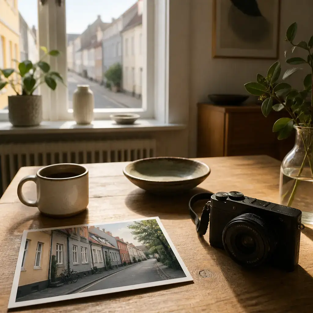 German lesson set in a contemporary Berlin everyday setting: At home, two adults talk about taking photos of quiet streets and looking at one picture..