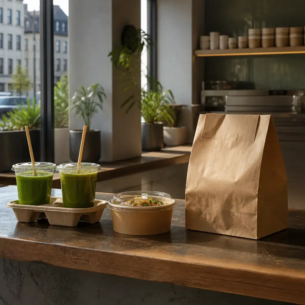 German lesson set in a contemporary Berlin everyday setting: At a food pickup counter, two adults check that the drinks and food match the receipt before carrying them..