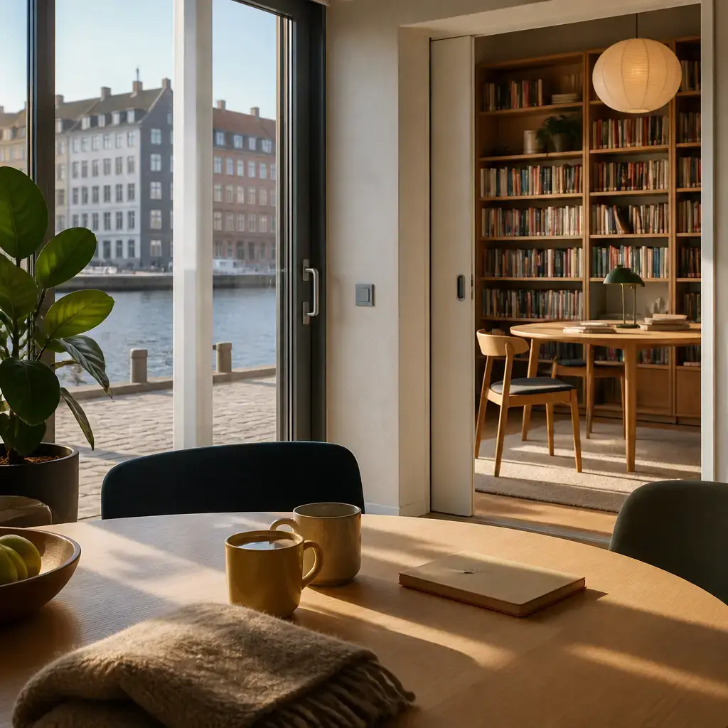 German lesson set in a contemporary Berlin everyday setting: In a shared space, two adults choose between walking outside and reading inside in a quiet room..