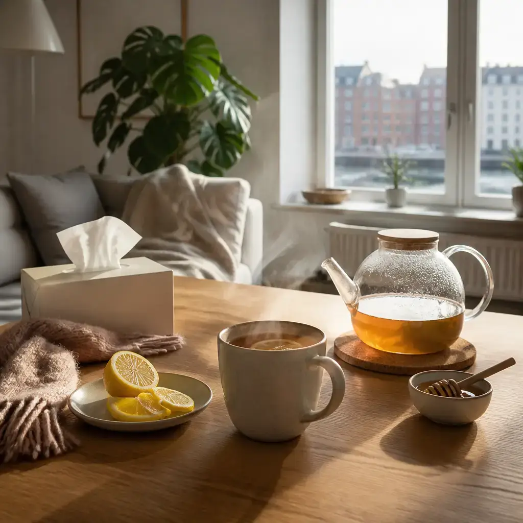 German lesson set in a contemporary Berlin everyday setting: At home, one adult has a sore throat while another makes warm tea and suggests resting the voice..