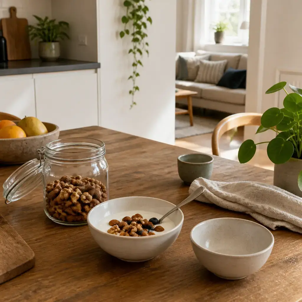 German lesson set in a contemporary Berlin everyday setting: At home, two adults choose a light snack with yogurt and nuts..