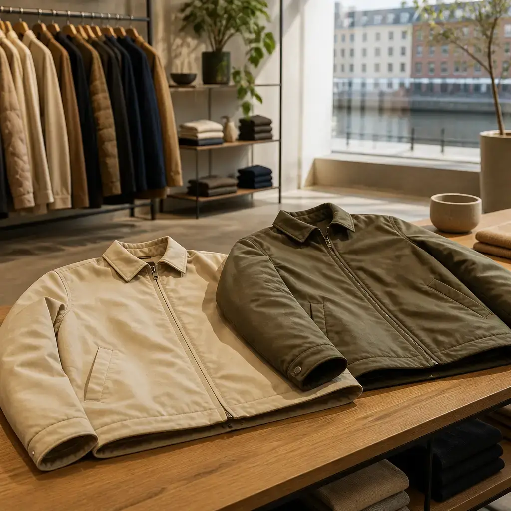 German lesson set in a contemporary Berlin everyday setting: In a clothing shop, two adults compare similar jackets by fabric, warmth, and fit before deciding..