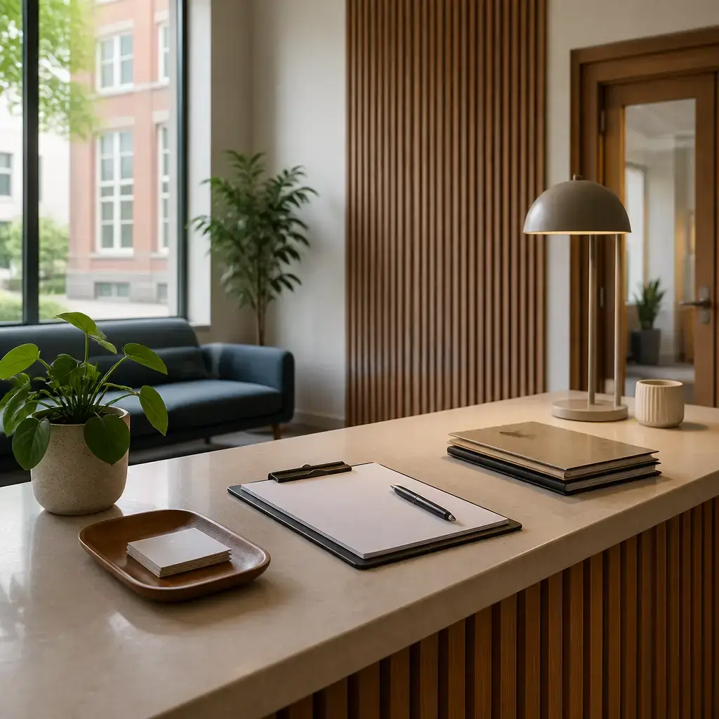 German lesson set in a contemporary Berlin everyday setting: At a reception desk, one adult reschedules an appointment, chooses a later opening, and confirms documents to bring..