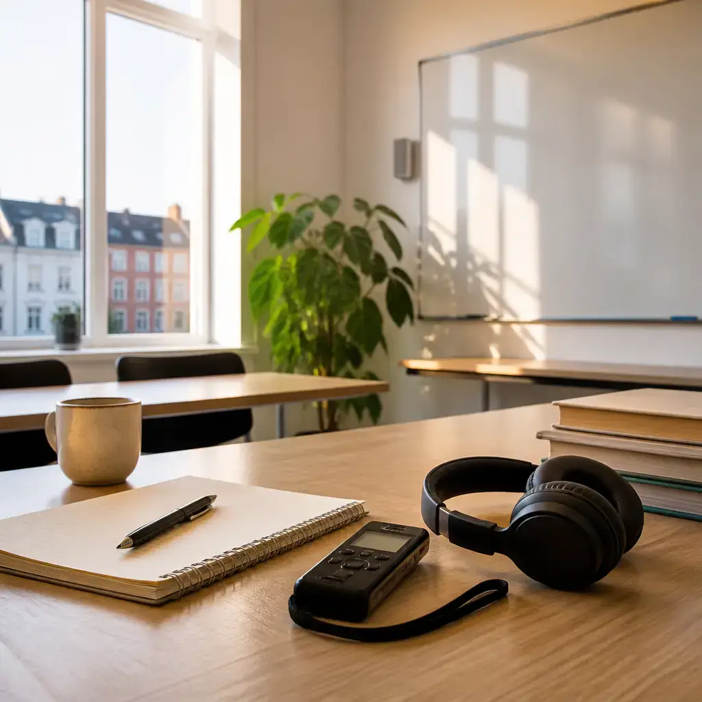 German lesson set in a contemporary Berlin everyday setting: In a language learning setting, two adults set a small speaking practice goal and choose a way to track progress..