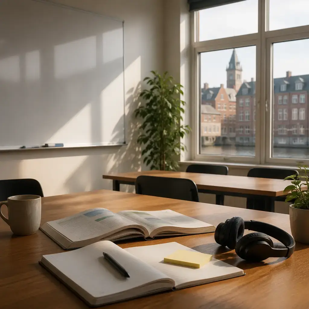 German lesson set in a contemporary Berlin everyday setting: In a language classroom, two adults prepare for a short test by choosing what to review and trying practice questions..