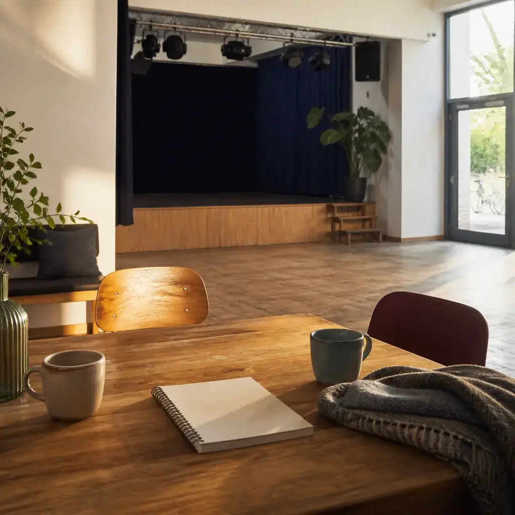 German lesson set in a contemporary Berlin everyday setting: At a community hall, two friends plan to attend a music event, get tickets at the door, and choose where to meet..