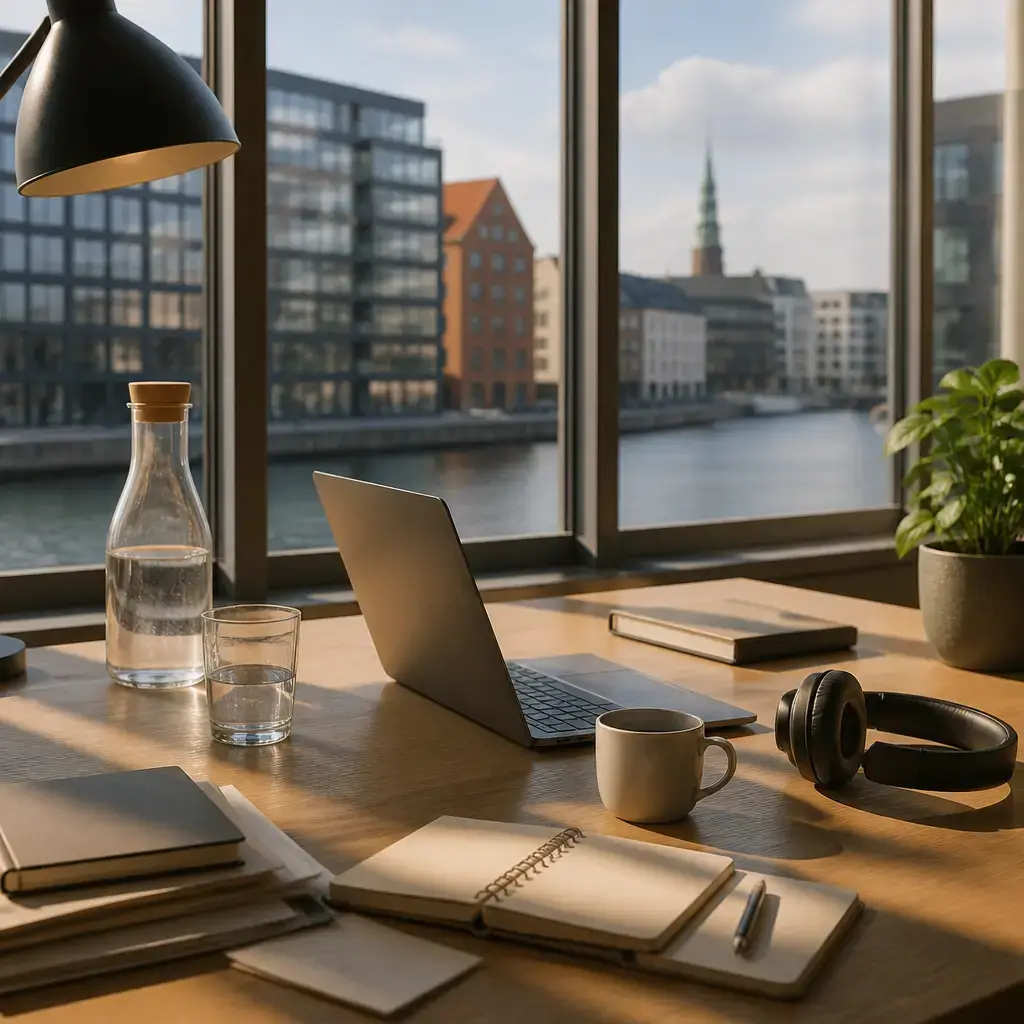 German lesson set in a contemporary Berlin everyday setting: At work, one adult feels tired under a close deadline while another suggests resting and reviewing the draft..