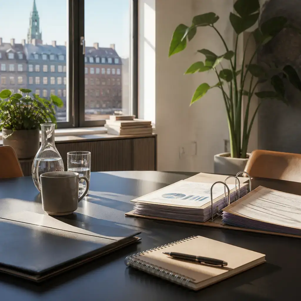 German lesson set in a contemporary Berlin everyday setting: After a break at work, two adults return to a file, a chart section, and team comments with better focus..
