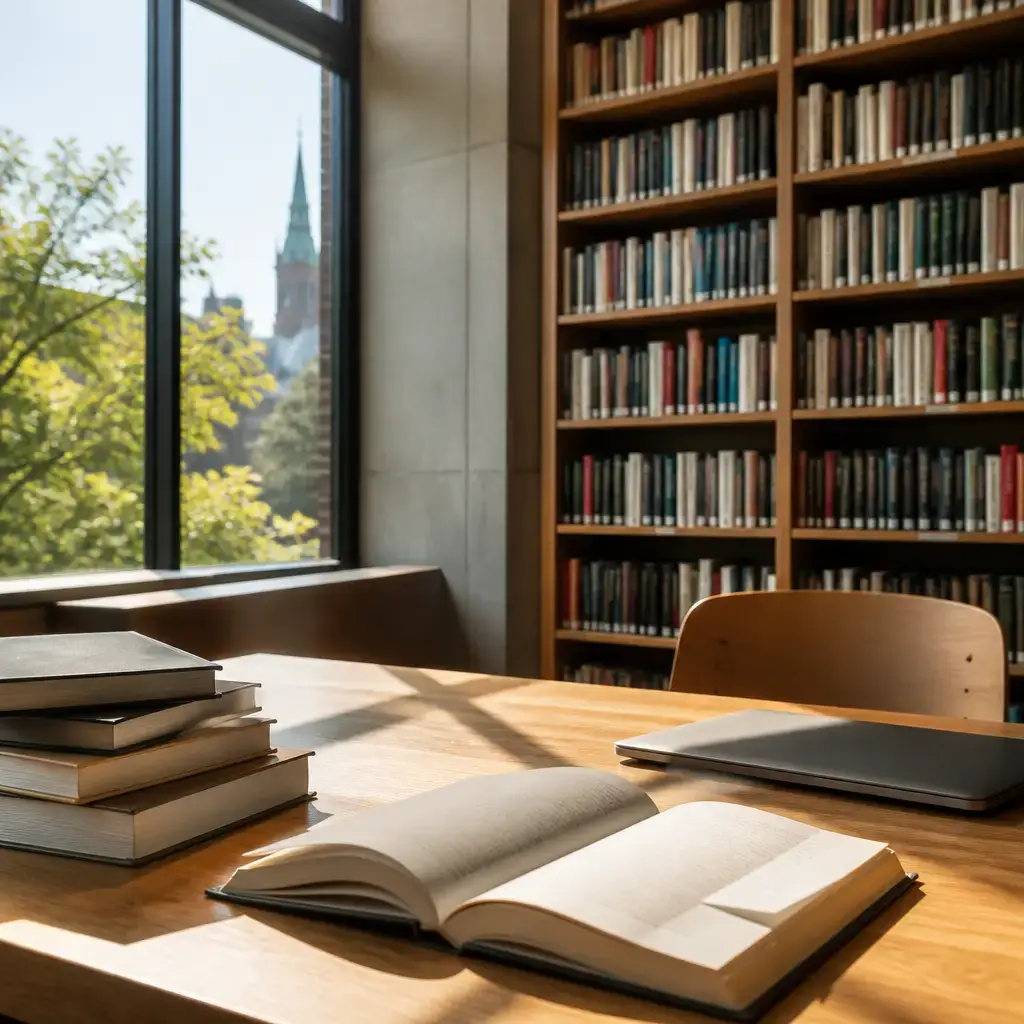 German lesson set in a contemporary Berlin everyday setting: In a library, one person asks how long a borrowed book can be kept and how to request extra time online..