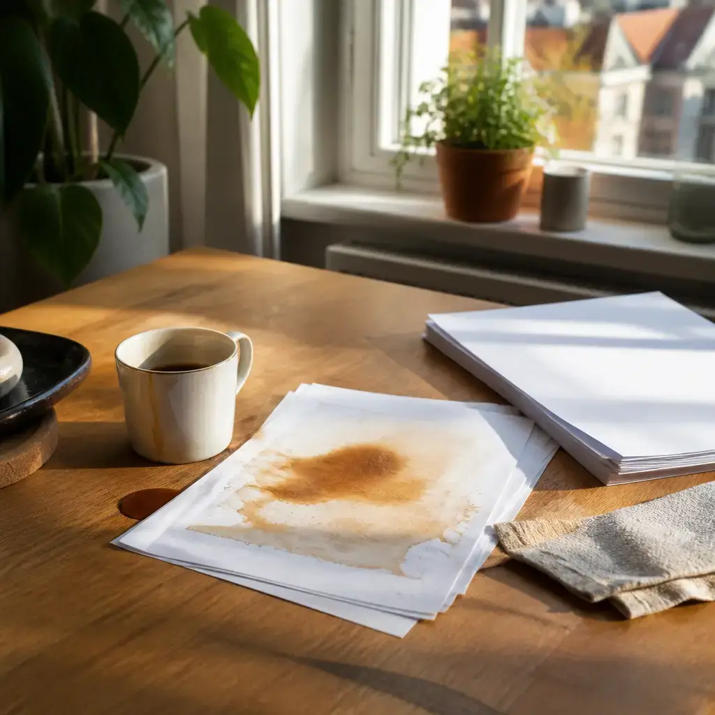 German lesson set in a contemporary Berlin everyday setting: In a daily life situation, two adults handle coffee spilled on documents and decide how to dry or replace the damaged page..
