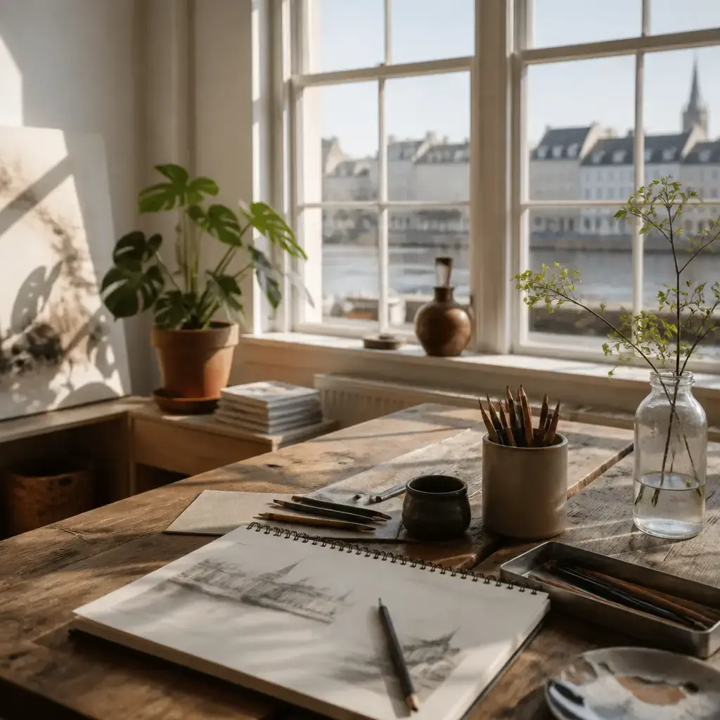 German lesson set in a contemporary Berlin everyday setting: During a personal conversation, one adult considers joining a beginner-friendly drawing club after work..