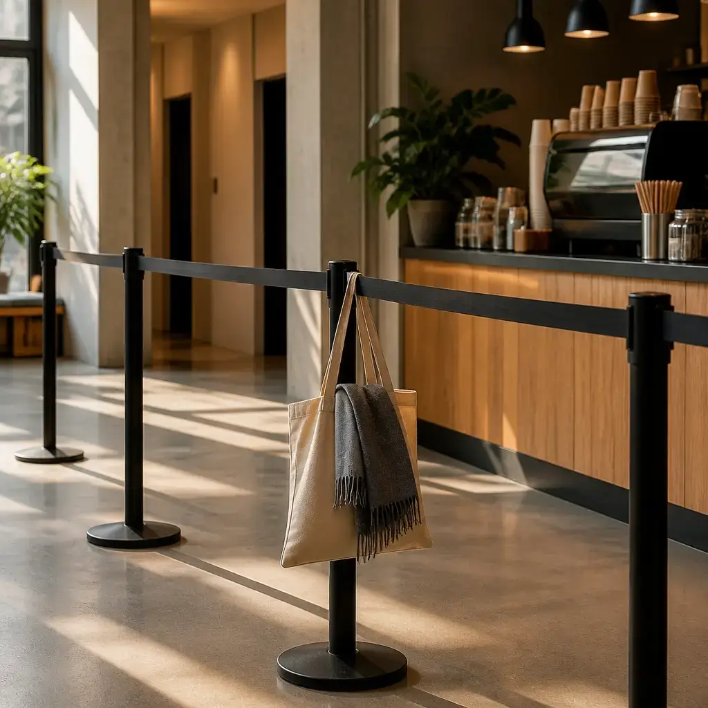 German lesson set in a contemporary Berlin everyday setting: While waiting in line, one adult asks another to keep their place during a quick restroom break..