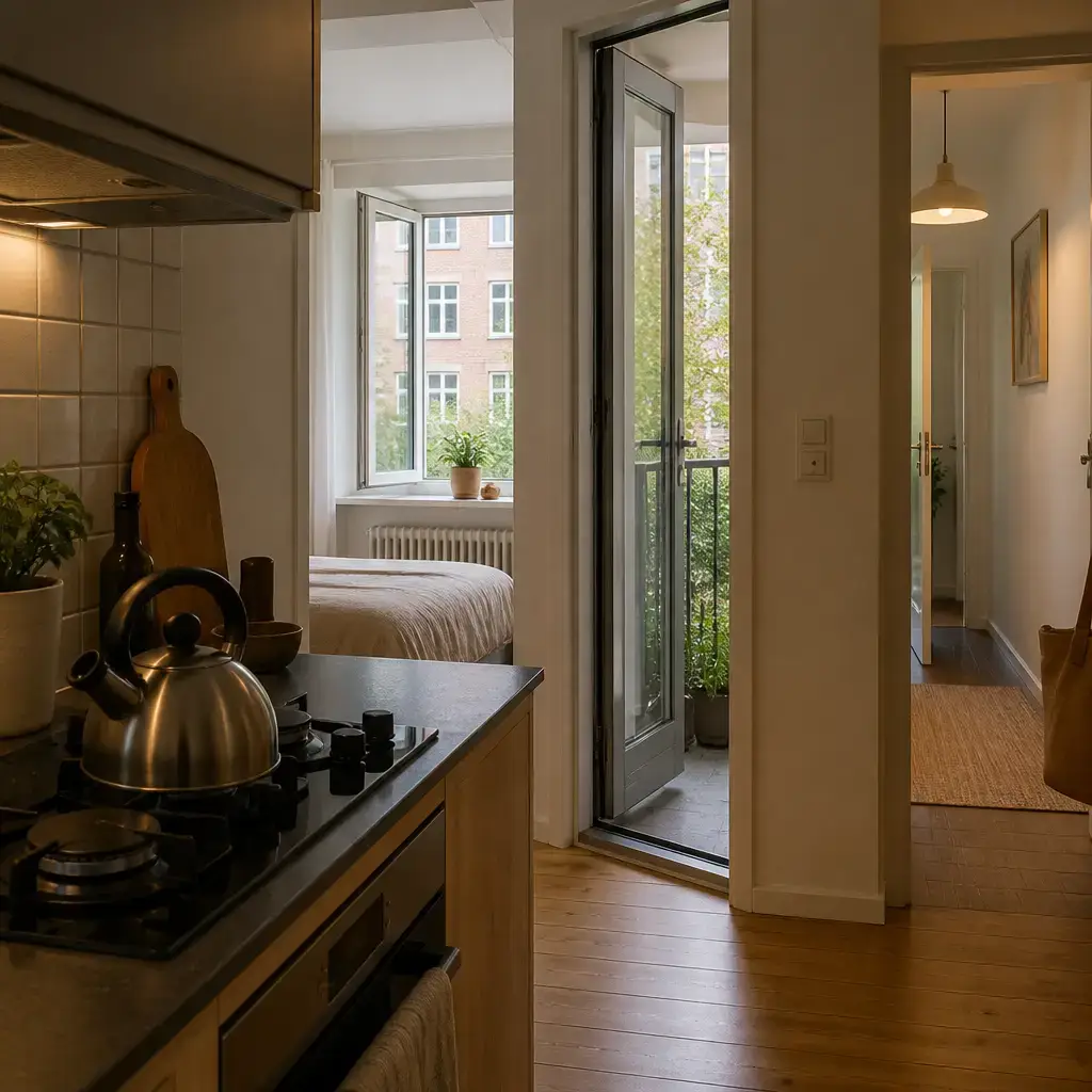German lesson set in a contemporary Berlin everyday setting: At home, two adults check the stove, windows, door, and lights before leaving the apartment..