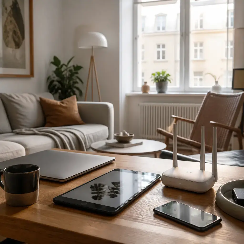 German lesson set in a contemporary Berlin everyday setting: At home, two adults troubleshoot unstable internet before a video call and prepare backup options if it freezes..