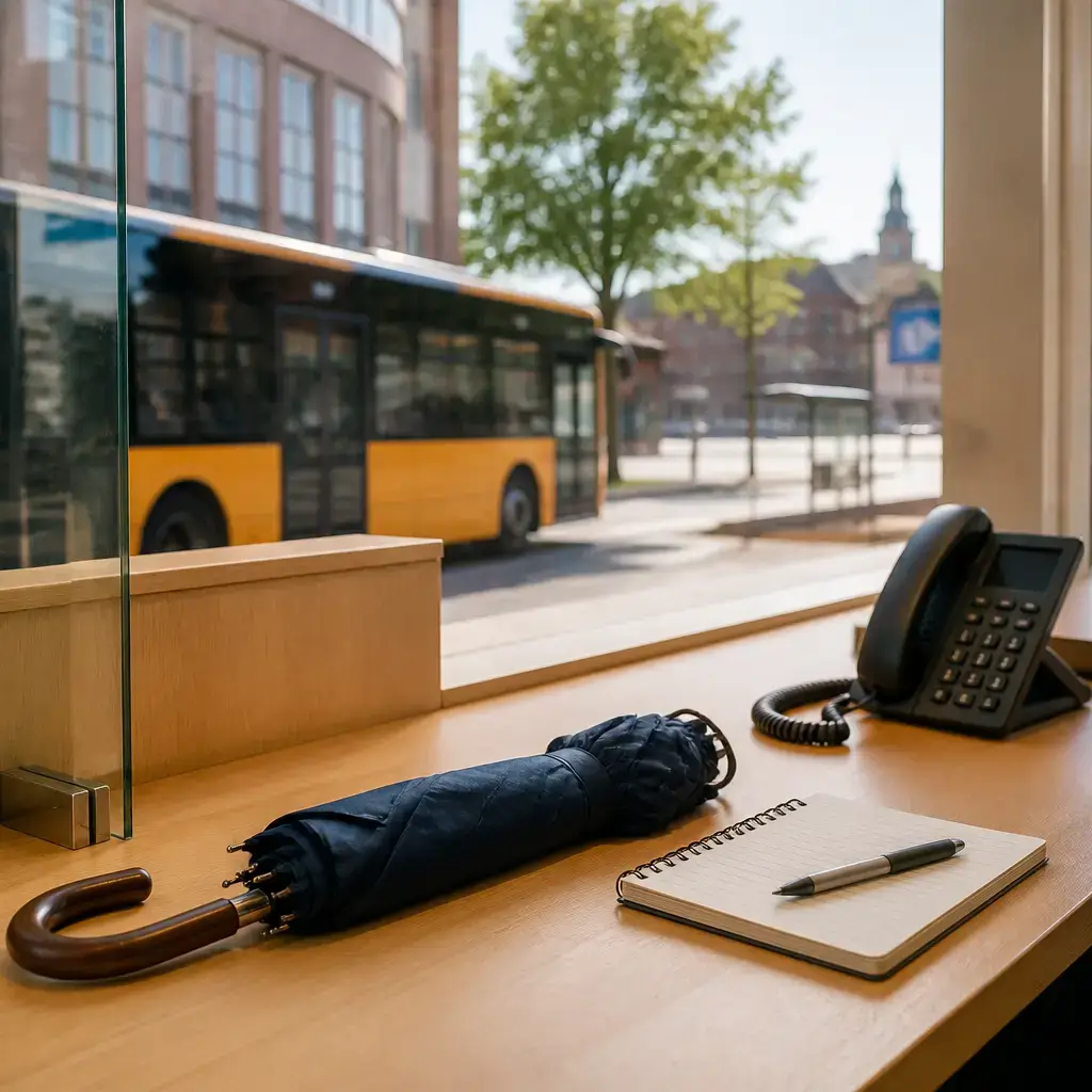 German lesson set in a contemporary Berlin everyday setting: At a transport service point, a passenger reports an umbrella left on a bus and gives details for a lost item report..
