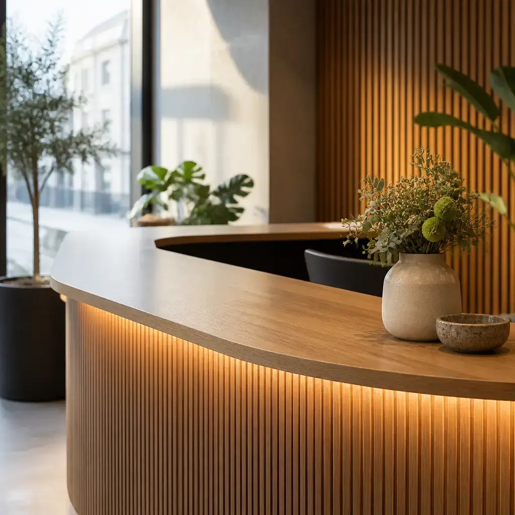German lesson set in a contemporary Berlin everyday setting: At a service desk, a customer politely complains about an unexplained delay after a confirmed appointment and asks for a proper response..