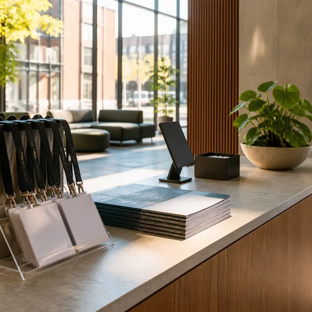 German lesson set in a contemporary Berlin everyday setting: At a conference check-in desk, an attendee confirms registration, receives a badge, and asks where to go first..